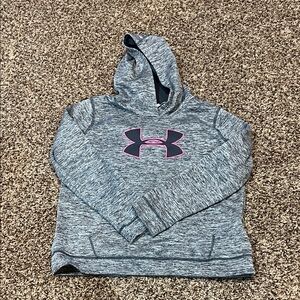 Youth Under Armour Heather Gray Hoodie with Pink Emblem